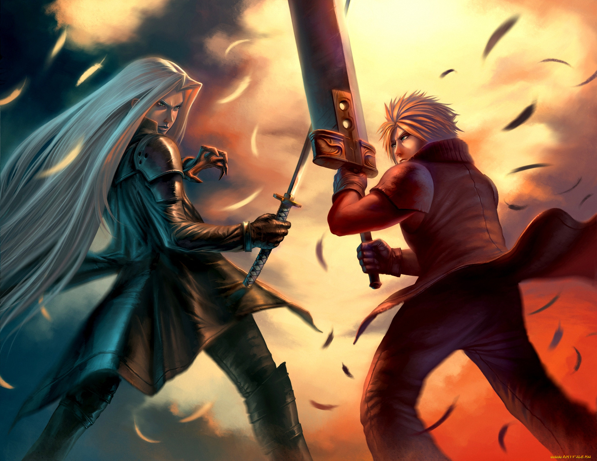 Друг против друга битва. Final Fantasy Клауд бой. Сражение на мечах фэнтези. Сражение на мечах арт. Поединок на мечах.